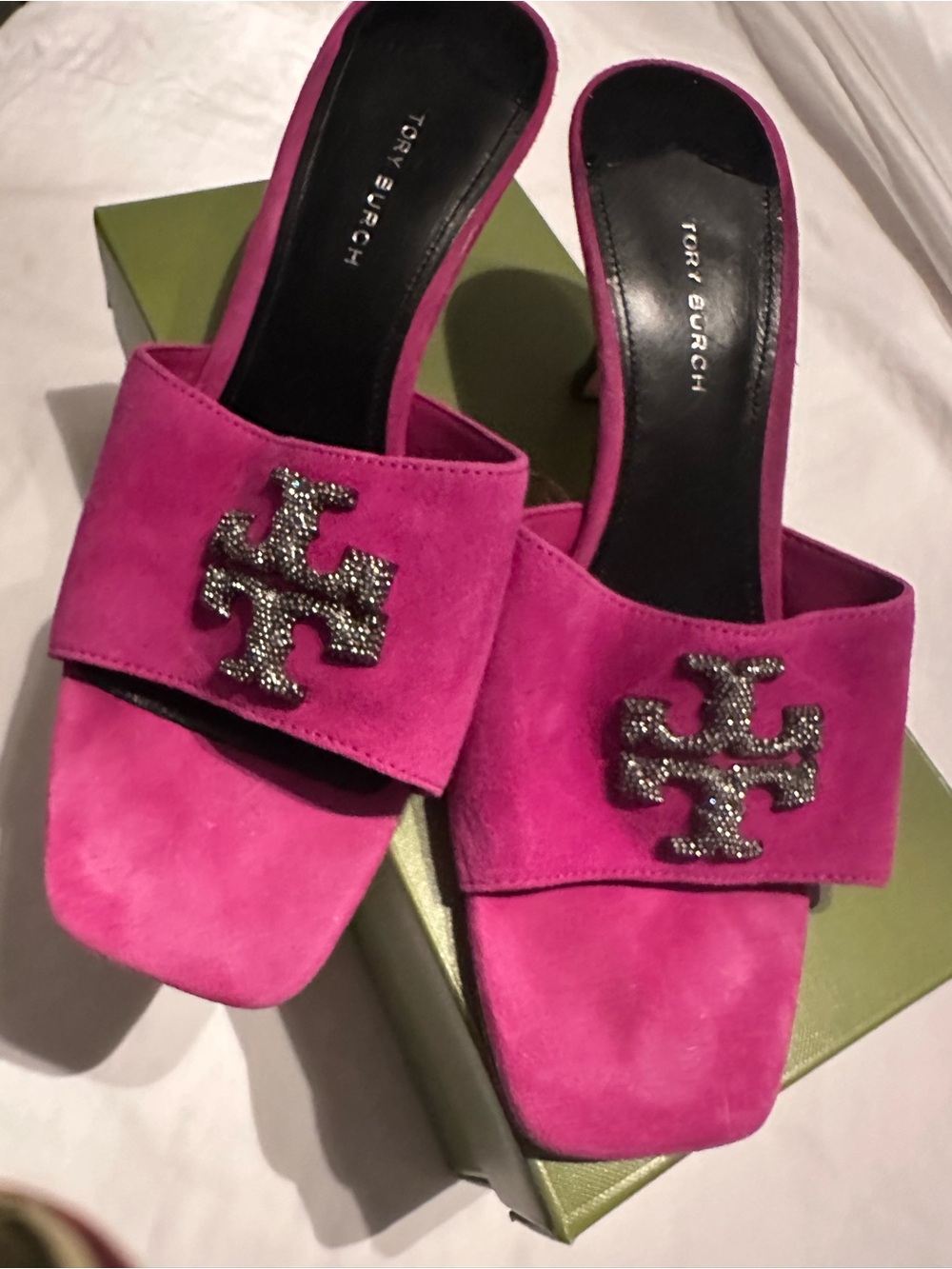 Tory Burch Fuchsia Suede Slide Mules with Logo Detail